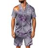 Men's Halloween Pajama Set Short Sleeve Striped Plaid Print Satin Two Piece with Pockets Loose Fit Sleepwear