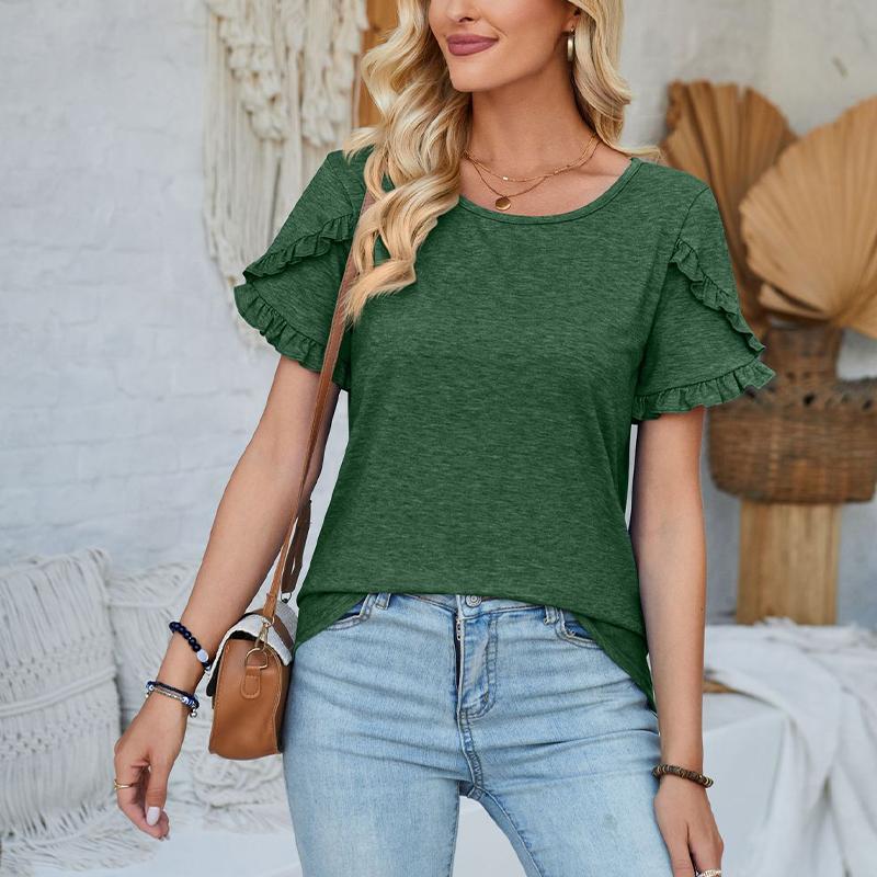 Damen Rundhals-Oberteil Lässiges Patchwork Einfarbiges Lockeres T-Shirt