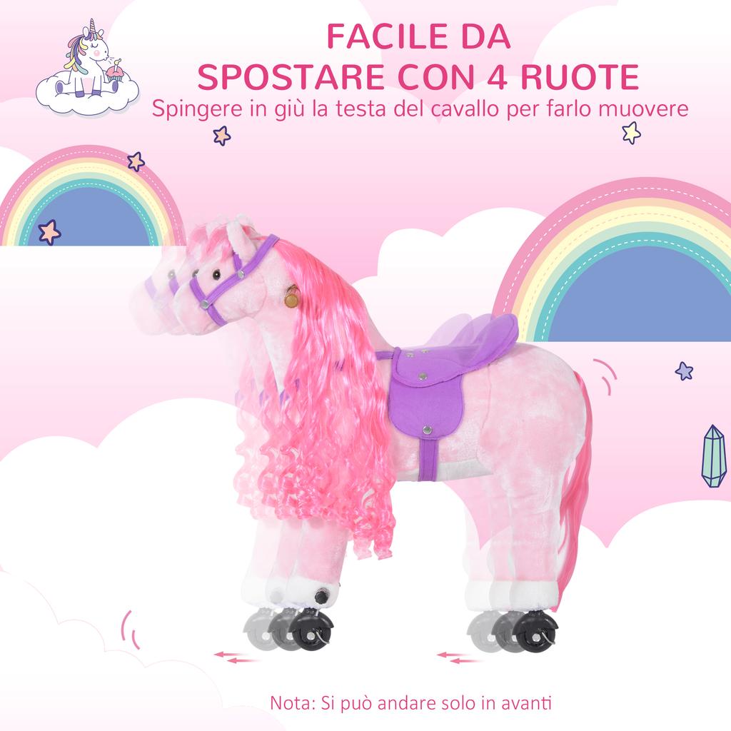Rocking Horse for Children 2+ Years with 4 Wheels, Realistic Sounds and Footrest, 65x28x75 Cm, Pink