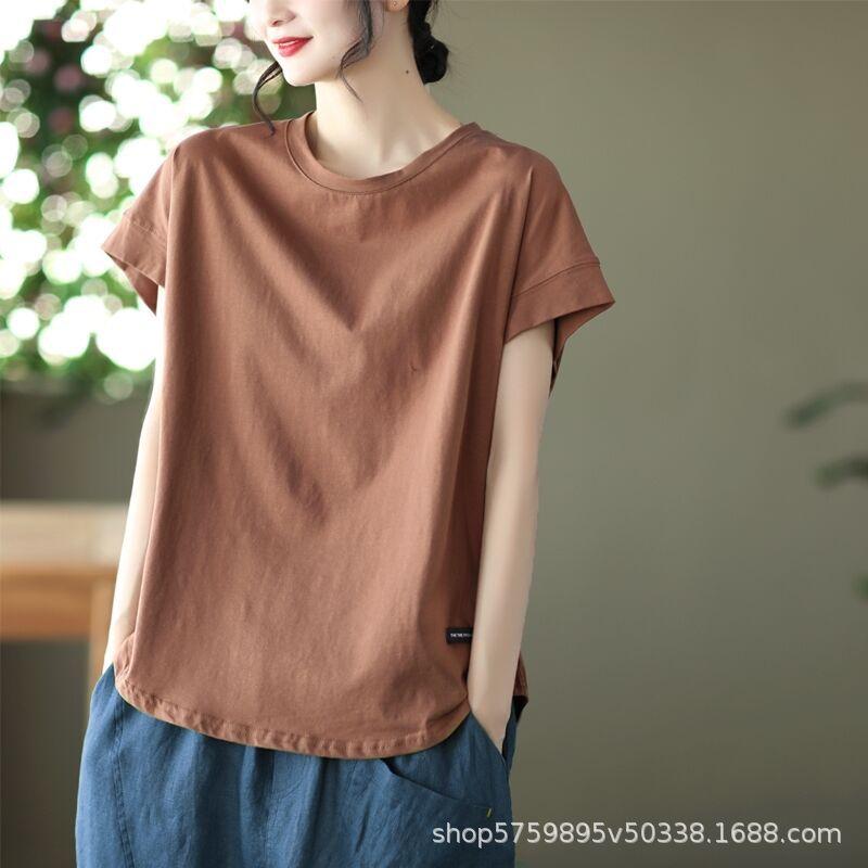 Spring and Summer New Retro Top Women's Round Neck Short Sleeve Solid Color Matching Casual Hollow Literary T-shirt Women