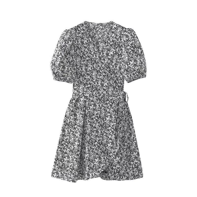 

Kaslead New Women clothes European and American Simple Slimming Retro V-neck Floral A Word Short Dress Picture Color L