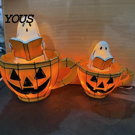 Retro Halloween Light Ghost Reading Book Lamp, Stained Glass Style Night Light, Resin Spooky Bedroom Lamp Pumpkin Bedside for Bedroom, Living