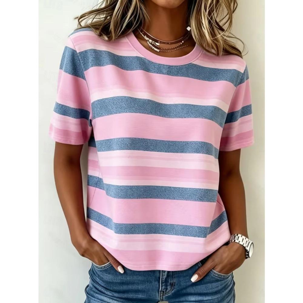 Mode Damen Retro Kreativ Horizontal Gestreift Print T-Shirt Lustig Lässig Rundhals Kurzarm T-Shirt Sommer Damen T-Shirt