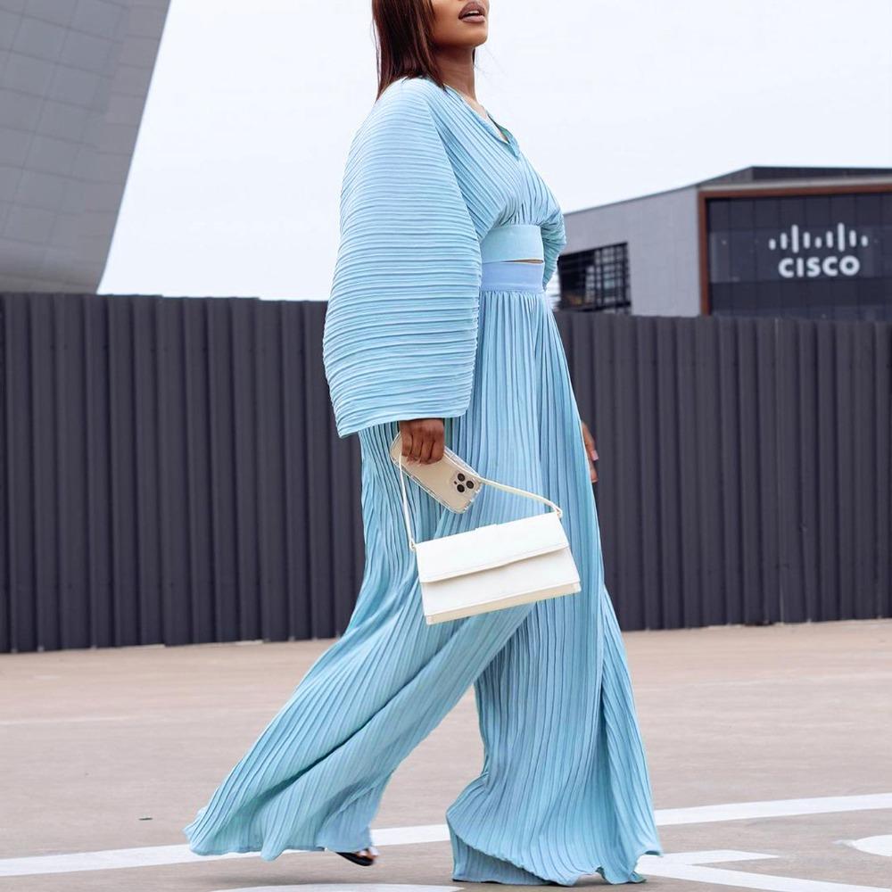 Women's Pleated V Neck Flare Sleeve Crop Top Wide Leg Pants Two Piece Matching Pant Set