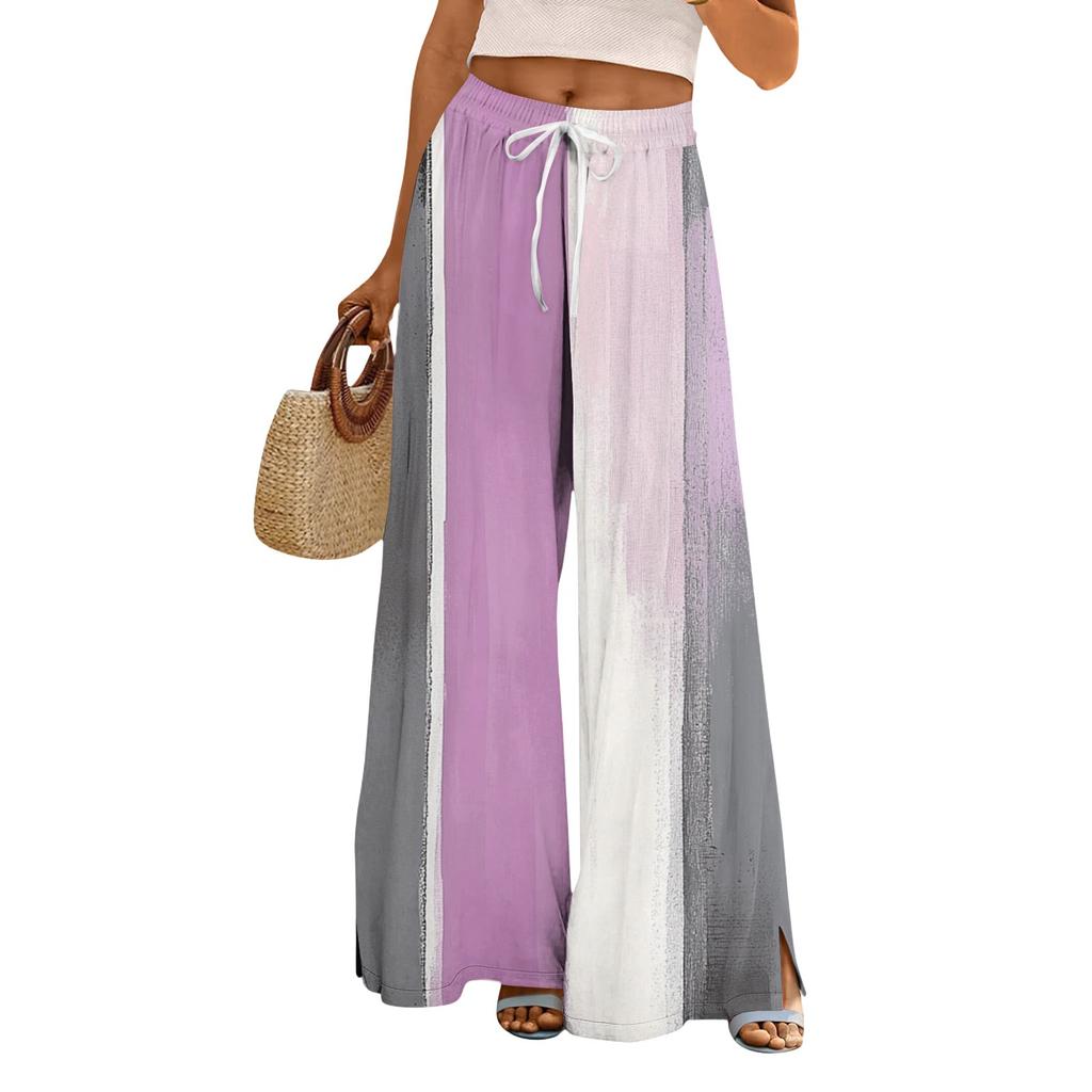 Damen Bedruckte Weitbeinige Hosen mit Taschen Hohe Taille Kordelzug Lockere Freizeit-Hosen