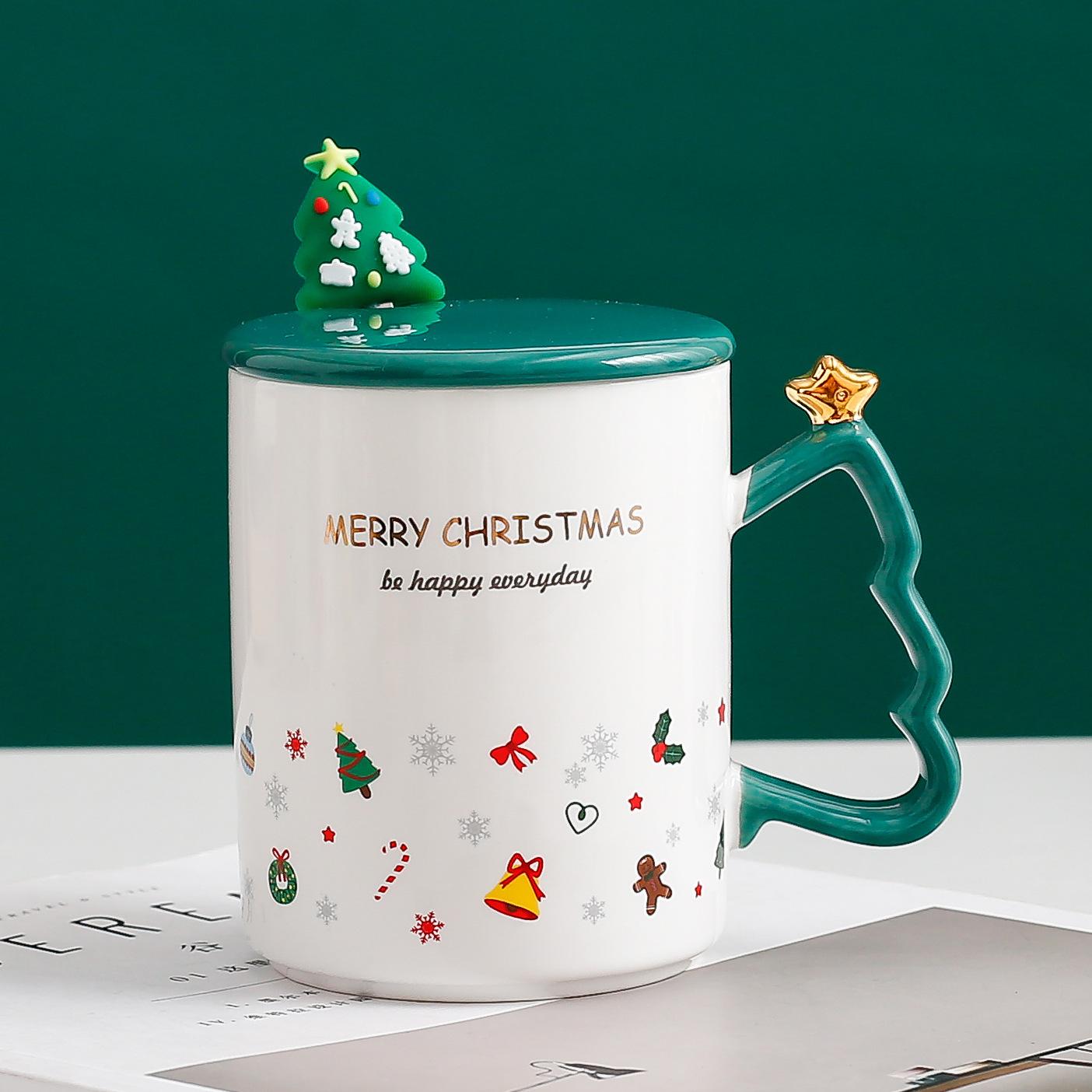

Festive Christmas Mug with Lid & Spoon Holiday Coffee Cup Cute Winter Snowman Tree Design Gift for Couples & Students 301-400ml