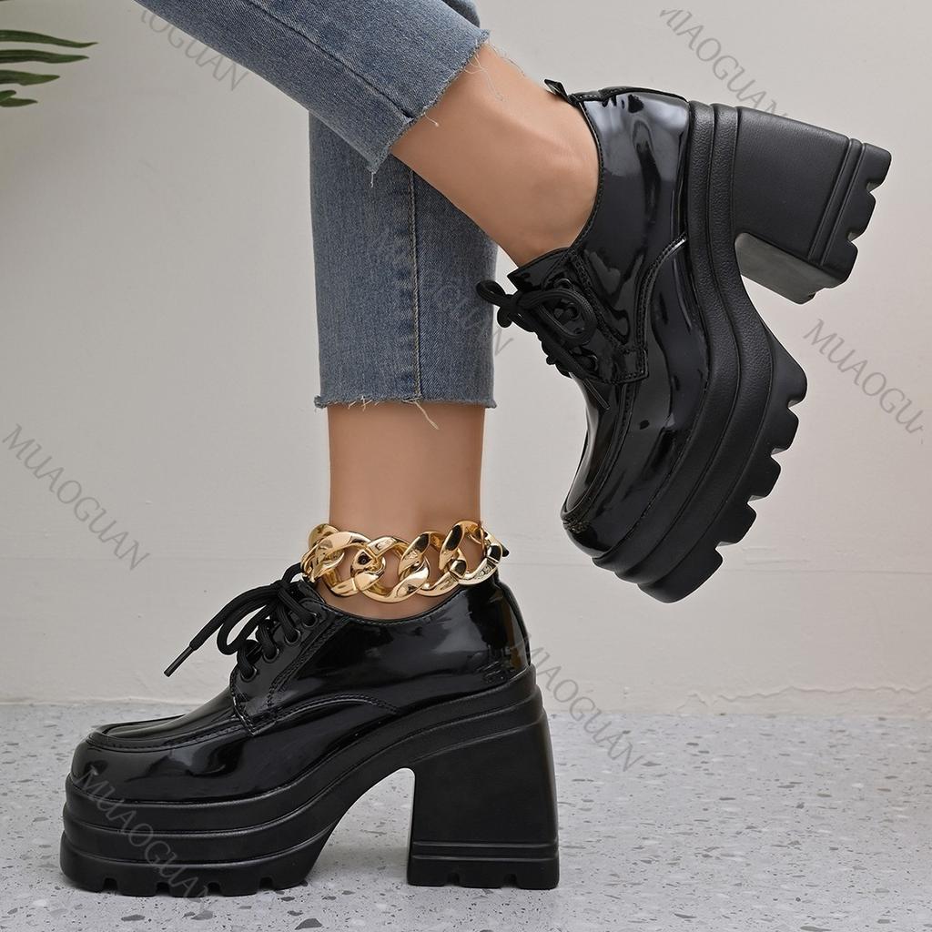 Fashion Thick-soled Loafers Gothic Punk Style Black Lace-up Heightened Women's Leather Pumps Autumn Chunky High Heeled Shoes for Women