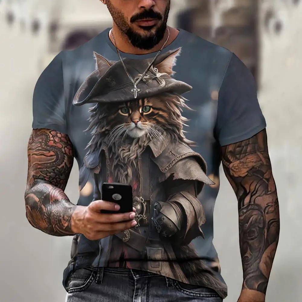 Men's 3D Printed T-Shirt Cute Cat Pattern Print Short Sleeve O-Neck Pullover Casual Top