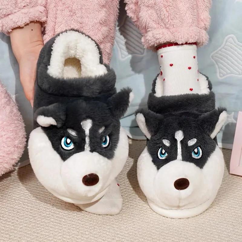 Fashion Women Indoor Cotton Slippers Cute Cartoon Dog Winter Warm Shoes Couples Home Floor Slides Anti-slip  Female Male House Footwear