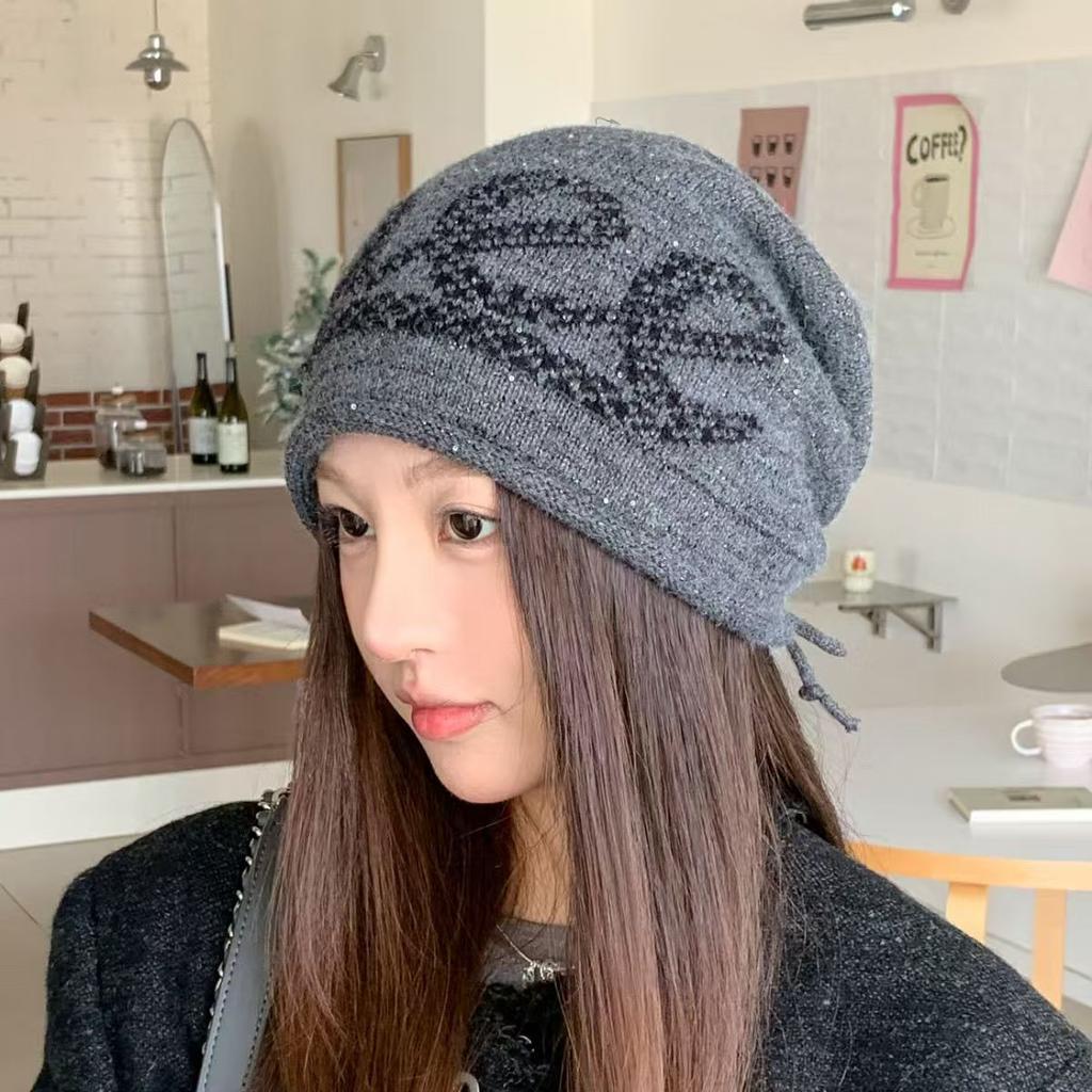 Autumn and winter letter retro drawstring stacking hat women's casual versatile ear protection big head circumference warm knitted wool hat