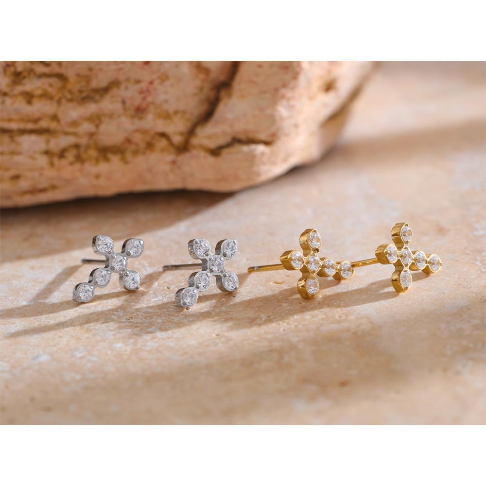 Yhpup Delicate Shiny Cubic Zirconia Cross Small Stud Earrings for Office Ladies Stainless Steel Trendy Chic Jewelry Waterproof