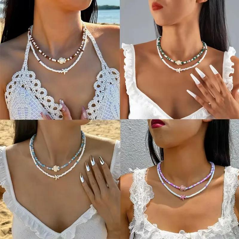 Bohemian Colorful Bead Necklace for Women Summer Handmade Starfish Tortoise Choker Chain Beach Jewelry Accessories Gifts