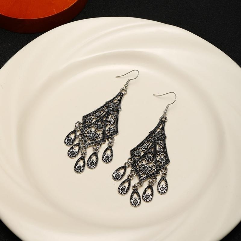 Vintage Hollow Out Droplet Flower Tassels Earrings Zinc Alloy Lightweight Dangle Jewelry for Women