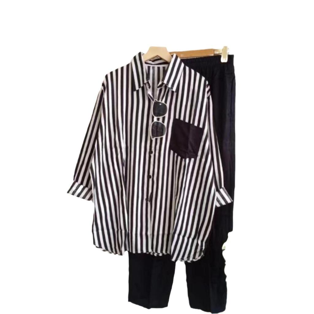 Zestaw dwuczęściowy casual w paski z długim rękawem plus size