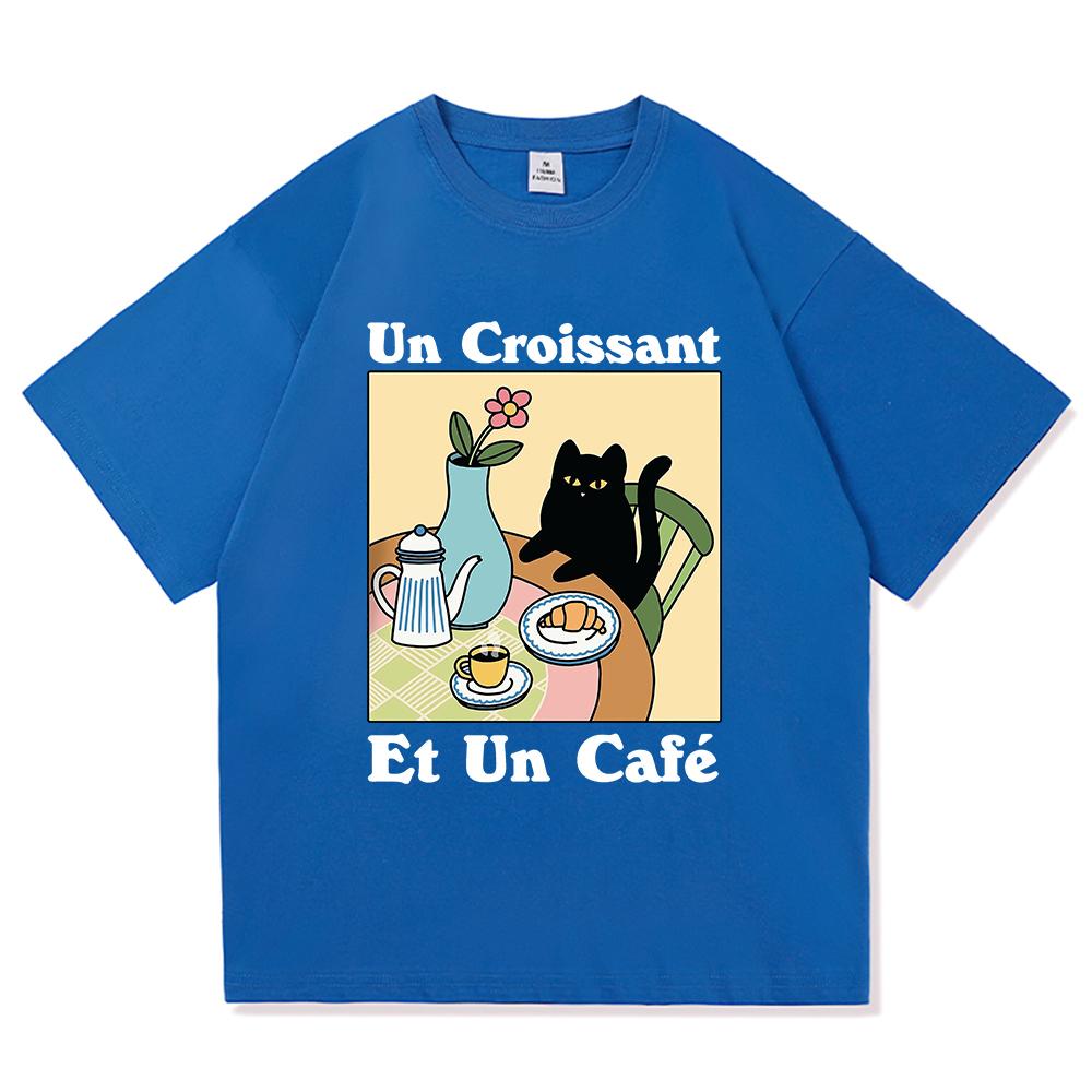 Vintage French Cafe Cat T Shirt Fashion Men/Women Funny Letter Un Croissant Et Un Cafe T-Shirt High Quality Cotton Tees Shirts