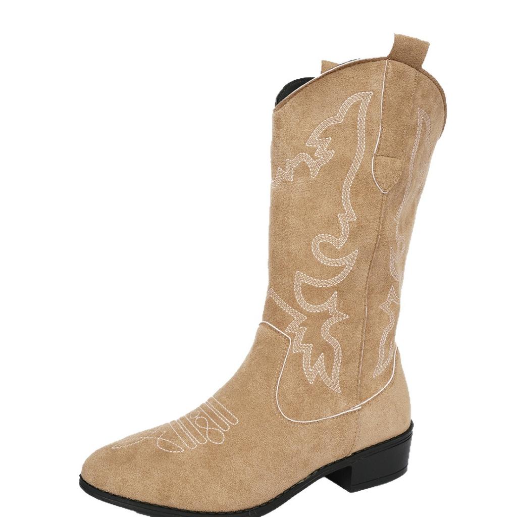 Vintage Embroidered V-Mouth Martin Boots Women'S Autumn And Winter Thick Heel Medium Tube Knight Boots Western Cowboy Women'S Boots