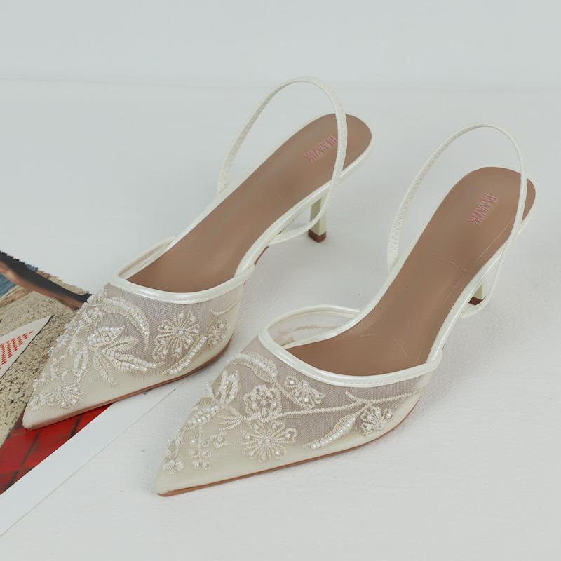 

Fashion Women s Sandals 2025 Summer Brand Designer Ladies Flower Mesh Open Heel Shoes Sexy High Heel Pointed Toe Stiletto Pumps Mules 36