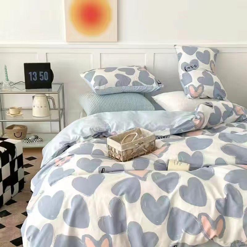 Korean Style Fashion Bedding Set Kids Adults Twin Full Queen Size Bed Flat Sheet Duvet Cover Pillowcases Stripe Grid Bed Linen