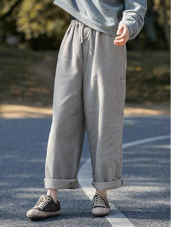 Women's Retro Gray Cotton Elastic Waist Casual Pants