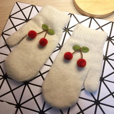 Luvas de Inverno Femininas Fofas Adoráveis Para Manter Aquecido Luvas de Tricô de Dedo Inteiro Cereja Mais Veludo Interno Espessadas À Prova de Vento Macias Femininas