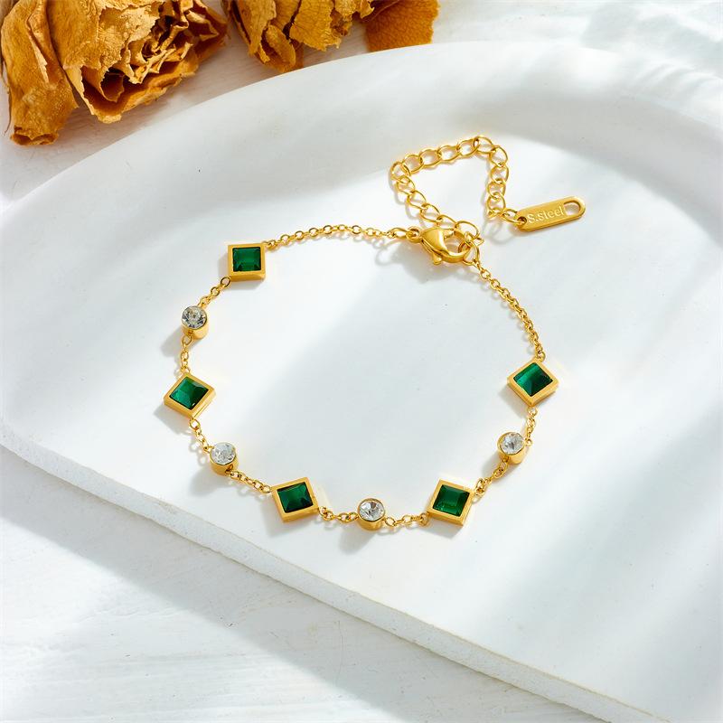 Gold Square Green Crystalv Clear Zircon Bracelet – Minimalist Elegant Jewelry, Growth Confidence Gift for Women