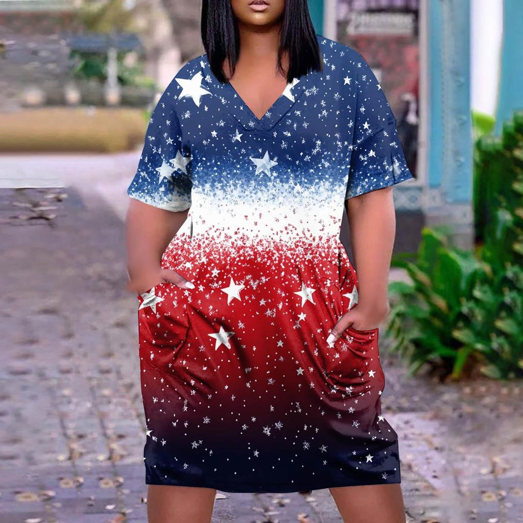 Summer Plus Size V Neck Short Sleeve Knee Pocket Gradient Print Casual Dress For Women