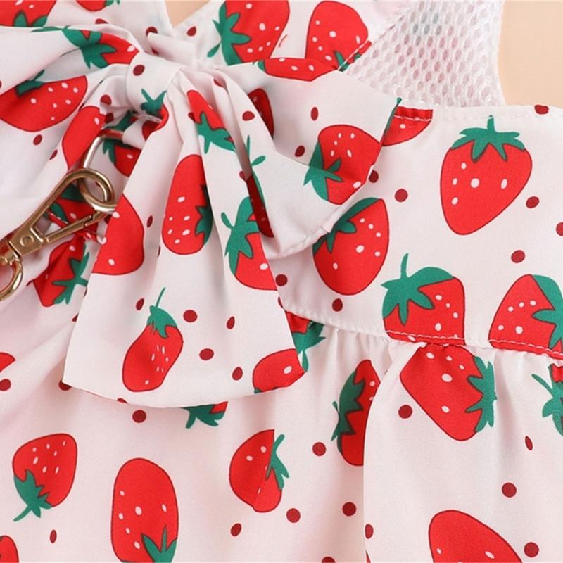 Lovely Strawberry Print Pet Dress Harnesses Holiday Washable Pet Costume with Bowknot and Matching Leashes