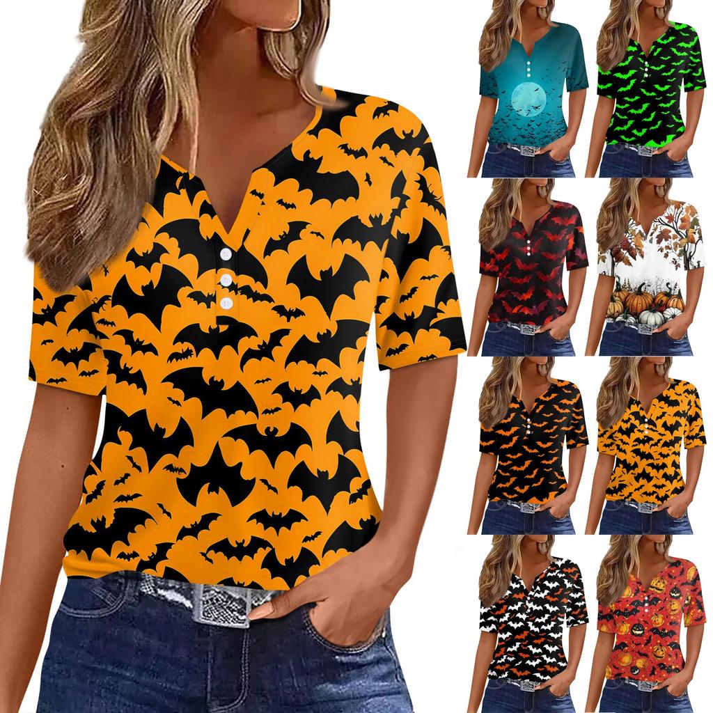 Women's T Shirt Halloween Print Button Short Sleeve Daily Weekend Fashion Basic V- Neck Regular Top