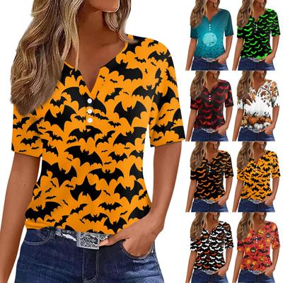 T-shirt Femme Imprimé Halloween Bouton Manches Courtes Quotidien Week-end Mode Basique Col en V Haut Régulier