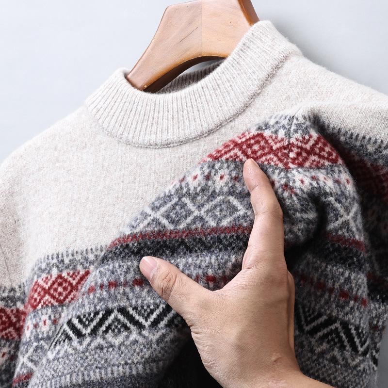 530g Thickened 100% Wool Men's Sweater, Autumn/Winter 2025, Round Neck Striped Knitwear