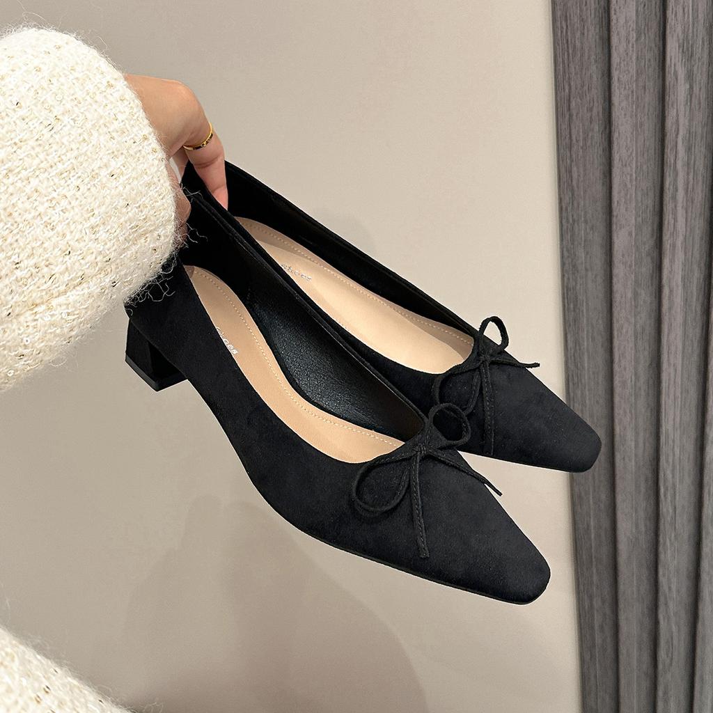 H38-1 Elegant Retro Style Delicate Women's Shoes Temperament Square Head Bow Shallow Mouth Single Shoes Women's 2025 Low Heels