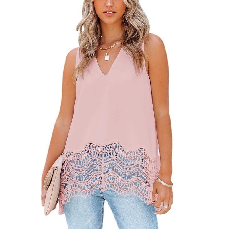 2023 Sommer V-Ausschnitt Chiffon Mode für Frauen Spitze Ärmelloses Shirt Einfarbig Locker Lässig Elegant und Jugendlich Top Blusen 25466