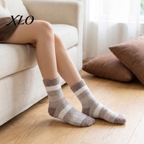 Skiing Thermal Layer Socks Thickened Coral Fleece for Men, Striped Mid-calf Socks, Soft Non-slip Cozy Winter Hosiery Fuzzy Crew Winter, Cold