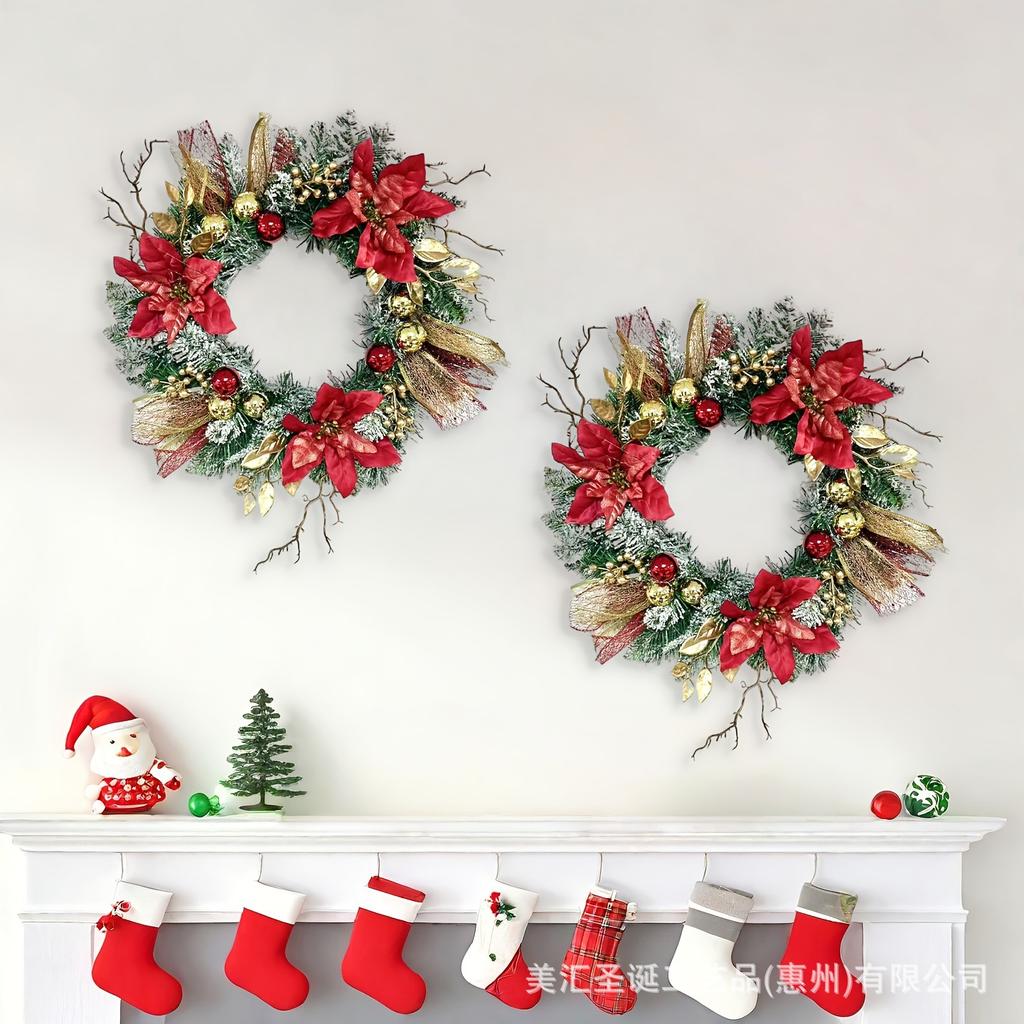40CM Red Wreath Christmas Wreath For Fornt Door Gold Red Flowers Wreath Door Window Hanging Outdoor Indoor Christmas Decoration