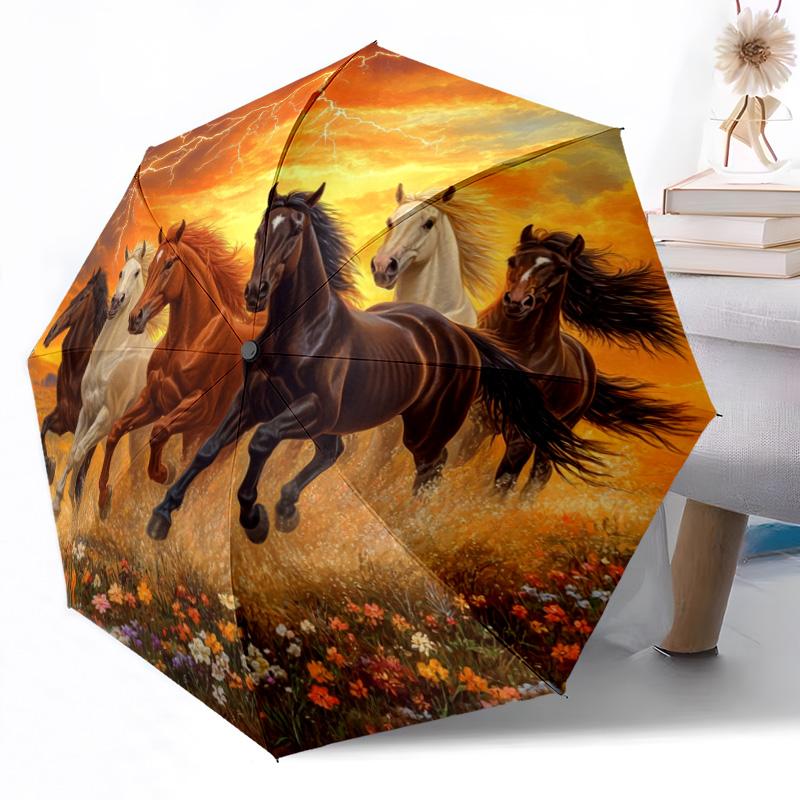 Ombrello Automatico Portatile a 8 Stecche Cavallo e Ghirlanda Floreale Design Pieghevole Leggero per Uso Esterno Quotidiano Regalo Perfetto per Amici Famiglia