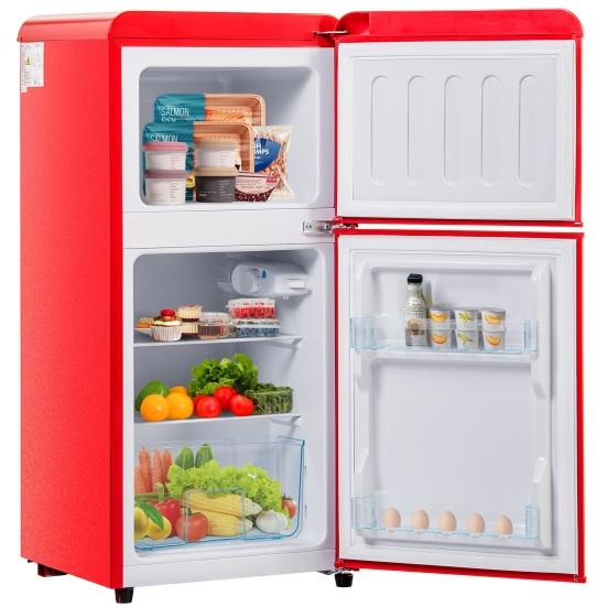 Lodówka 60L Retro 7 Ustawień Temperatury Światło LED Strefa Podwójna Mini Lodówka Domowa Zamrażarka 22L Objętość 102 kWh/Rok -27-13 Stopni Celsjusza