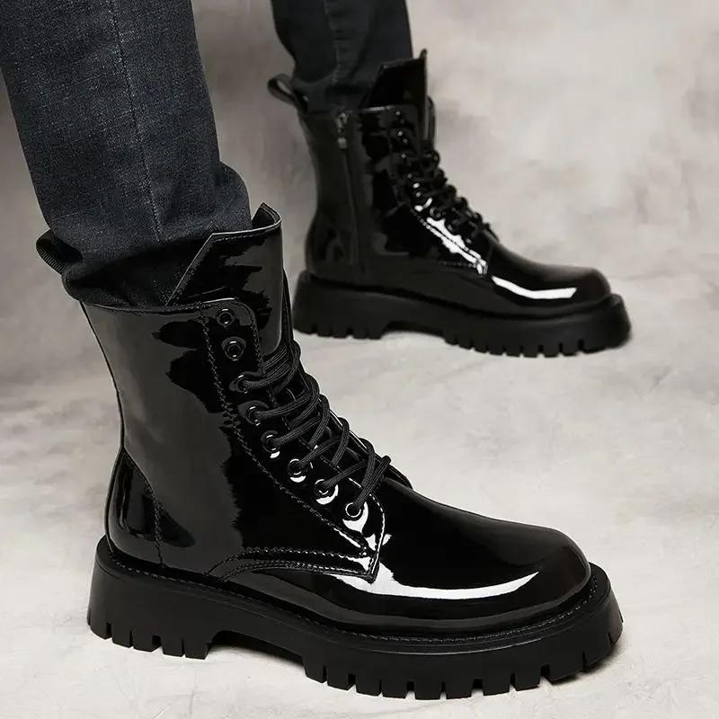 Men Boots High Quality Patent Leather High-top Boots Lace Up Platform Chelsea Boots Classic Black Casual Ankle Boot Botas Hombre