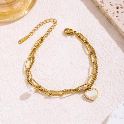Fashion Simple Heart Shell Pearl Pendant Gold Color Stainless Steel Double-layer Bracelets for Women Jewelry Gifts Does Not Fade