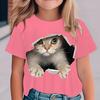 A Cute And Fun Black, White, And Pink Short-Sleeve 2D Cat T-Shirt for Girls, Perfect for Outdoor Daily Wear for Children -8 During The Summer