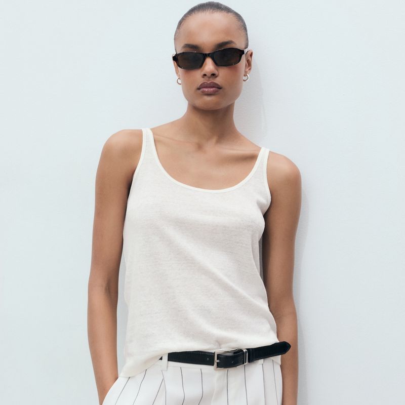 Linen Vest French Style UK Spaghetti Strap Cotton Top Cami Vest Sexy White Large U-Neck Thread Export