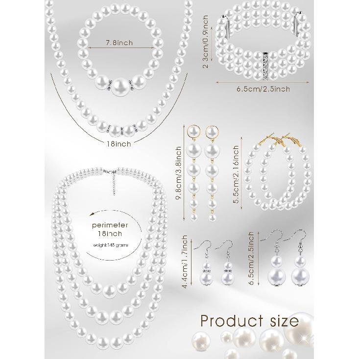 BBTO 8 Pcs Pearl Necklace and Earring Set for Women Faux Pearl Bracelet Costume Jewelry Set for Wedding Bridal Shower Party