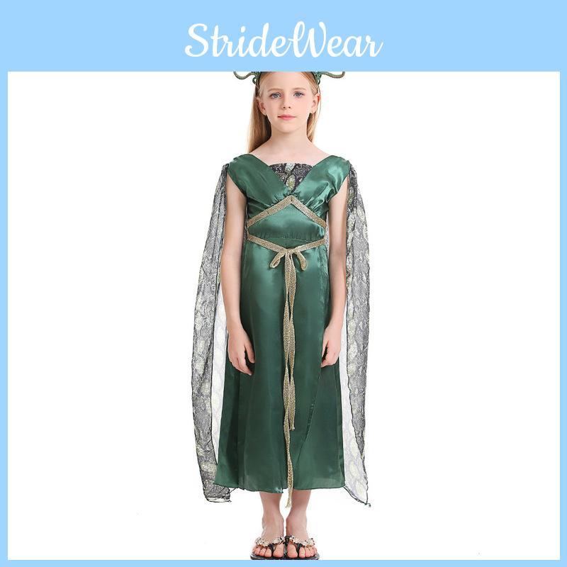 Fantasia de Halloween Encantadora de Medusa para Meninas com Saia Verde e Adereço de Cabeça
