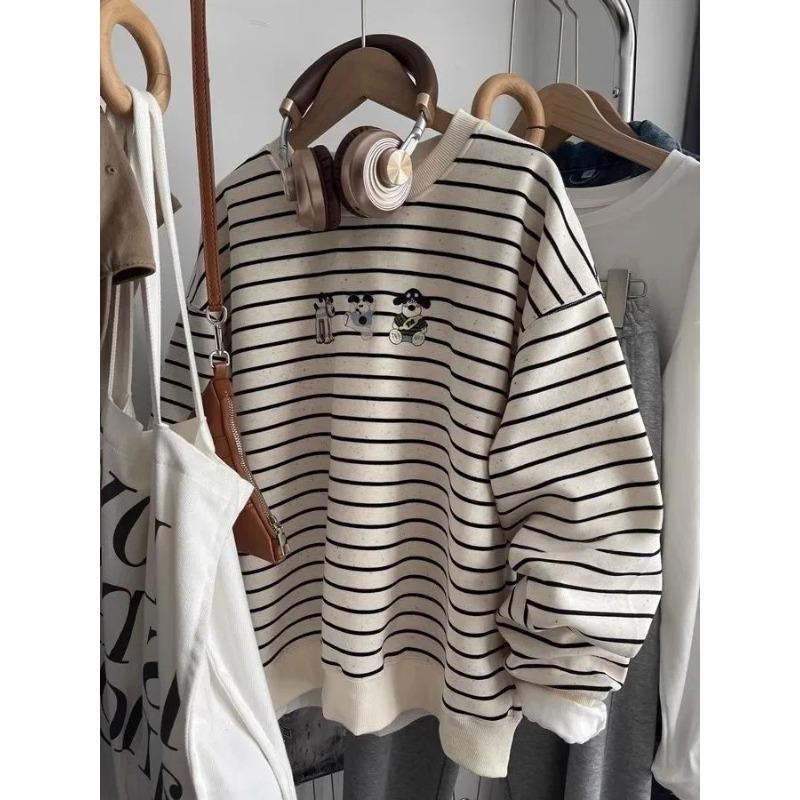 

Толстовка для женщин Оверсайз Полоски Утепленная Свободная Круглый вырез Повседневная Пуловер Длинный рукав Зимняя Толстовка Топ S белый