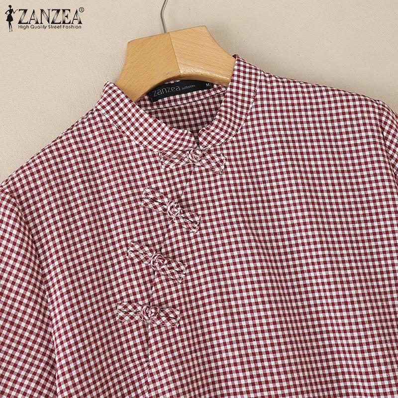 ZANZEA Women Casual Stand Collar Loose Short Sleeve Grid Print Dress