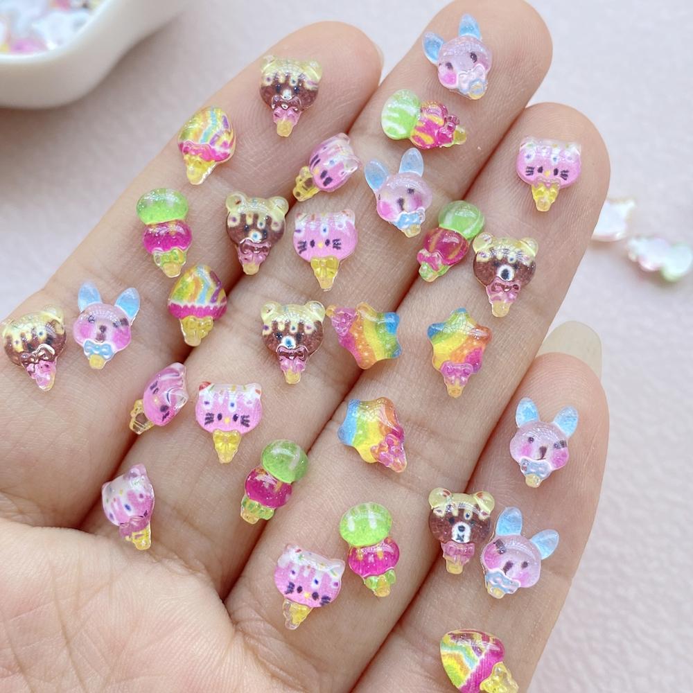 

100Pcs Cute Mini Cartoon Little Bear, Star, Rabbit Ice Cream Nail Art Resin Designer Charms DIY Craft For Nail 3D Decorations