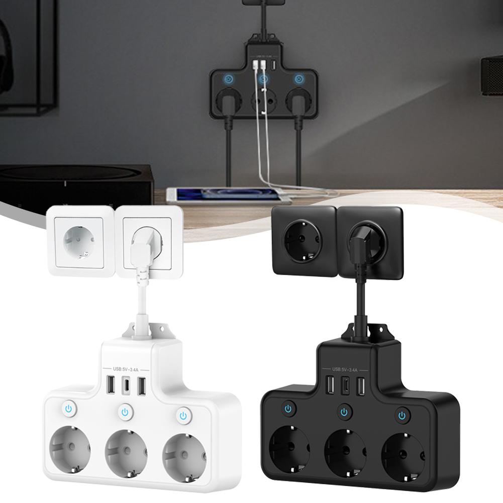 Power Strip 3-Way Cord Socket Multiple Socket Travel  Max 4000W Outlets Charging Ports EU -Plug Wall Power Strip