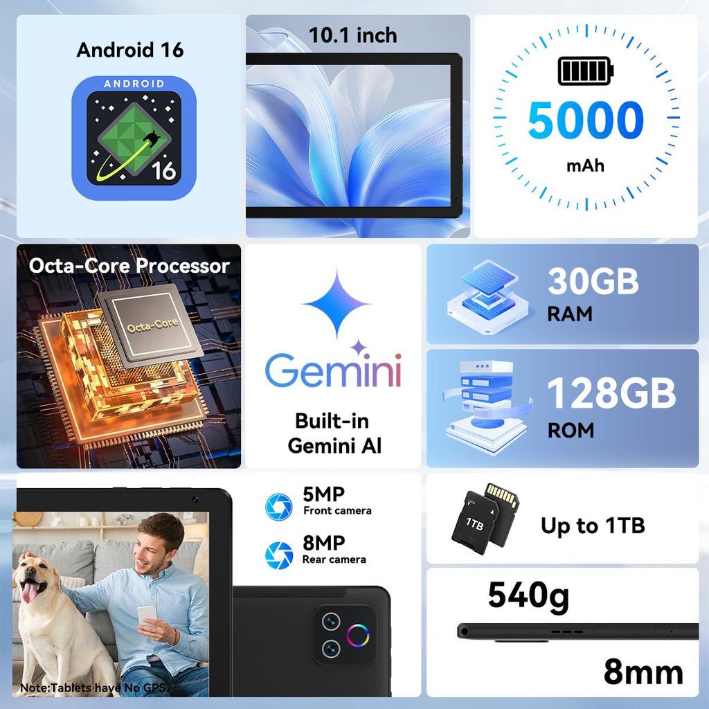 Android 16 Tablet, 10,1 Inch, 30 GB RAM + 128 GB ROM, Met Toetsenbord, Muis En Stylus