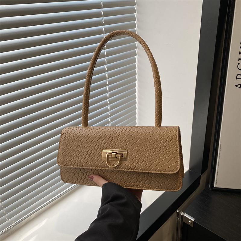 Niche Solid Color Bag Women's 2025 New Trendy Fashion Crocodile Pattern Shoulder Underarm Bag Versatile Portable Baguette Bag