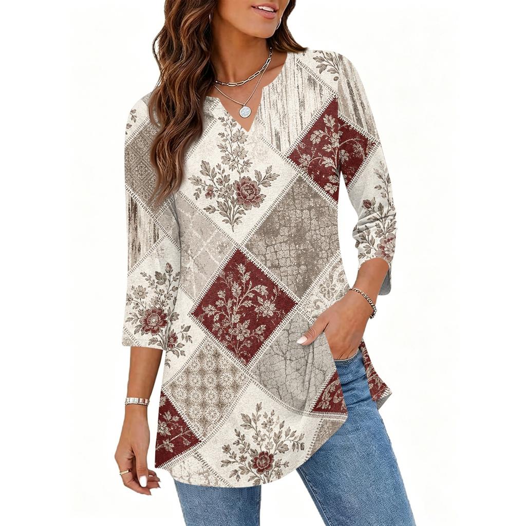 Womens Casual V Neck 34 Sleeve Pullover Tunic Top Floral Print Loose Fit Mid Length Blouse for Daily Wear