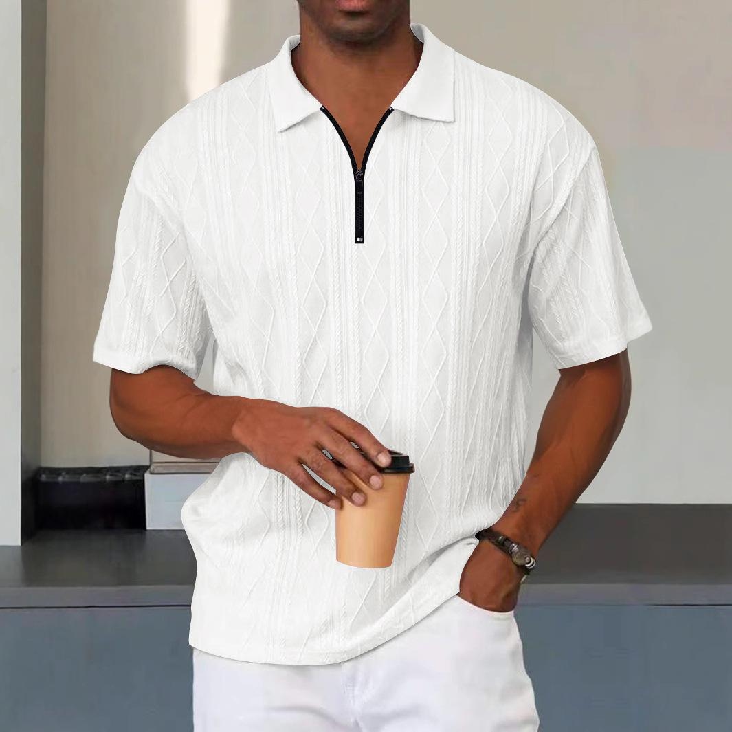 

New men s zipper short-sleeved T-shirt, fashionable loose texture knitted polo shirt, men s T-shirt, breathable and casual short-sleeved S белый